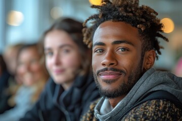 Obraz premium Young man with textured hair and beard sitting with friends casual lifestyle portrait in social setting Generative AI