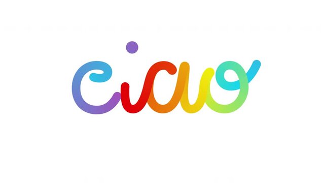 Colorful ciao word endless loop write on text effect with curved ribbon stroke forming playful greeting lettering isolated on transparent background with rainbow gradient and smooth animation
