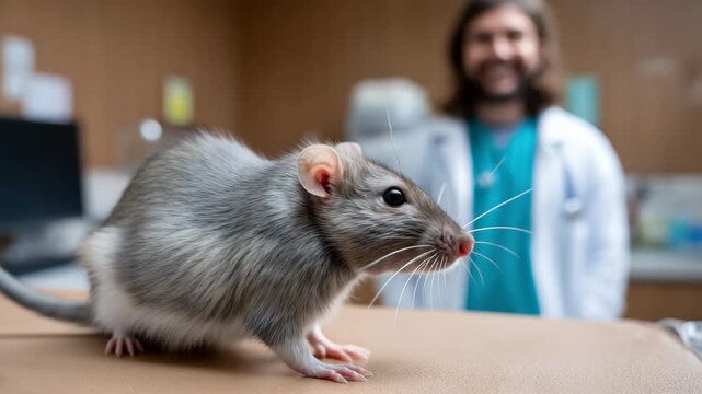 Curious pet rat exploring veterinary office with friendly veterinarian in the background