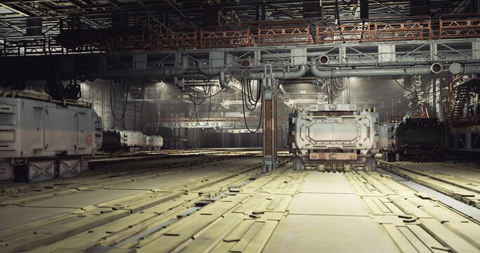spacious service bay with heavy loaders and diagnostic consoles, automated transporter parked beside platform, overhead gantries and utility conduits, bright