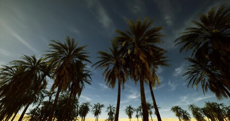 Fototapeta premium palm canopy at twilight beach, soft glow and gentle waves under dusky sky create mindful atmosphere with calm fronds and barefoot serenity for digital detox,