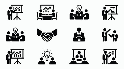 Fototapeta premium Collection of twelve bold black vector business icons for presentations and meetings