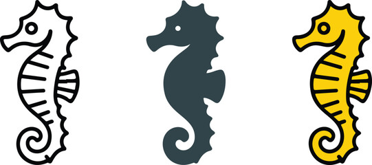 Minimalist Seahorse Illustration Set Showing Line Art Silhouette and Bright Yellow Marine Animal Vector Icon Design © israena
