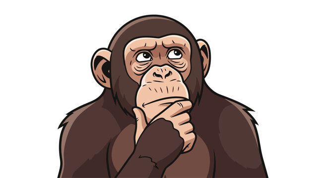Chimpanzee Thinking Deeply, Hand on Chin, Looking Up with Contemplative Expression