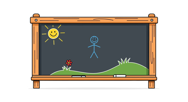 Childlike Drawing on Blackboard: Sun, Stick Figure, Flower, Green Hills