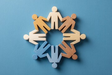 Unity in Diversity: A symbolic representation of community and cooperation, this image depicts a circle of wooden figures of various hues, hands joined in unity, set against a calming backdrop.