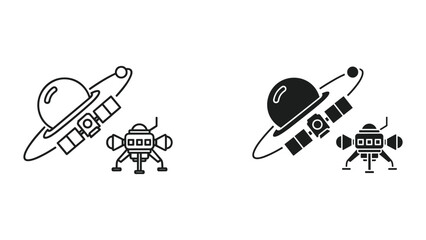 Space Exploration Icons: Planet with Satellite Orbiting and Lunar Lander with Legs Extended © SHAHRIYAR RASEL