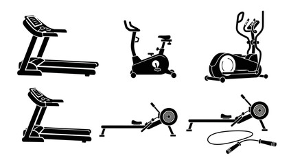 Fitness Equipment Icons: Treadmill, Elliptical, Bike, Rower, Jump Rope © Nex