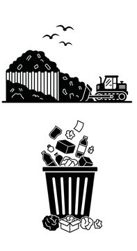 Garbage disposal and recycling bin with waste, landfill and bulldozer