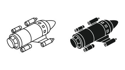 Retro Sci-Fi Spaceship Icon Set: Line Art and Silhouette of a Rocket Ship © SHAHRIYAR RASEL