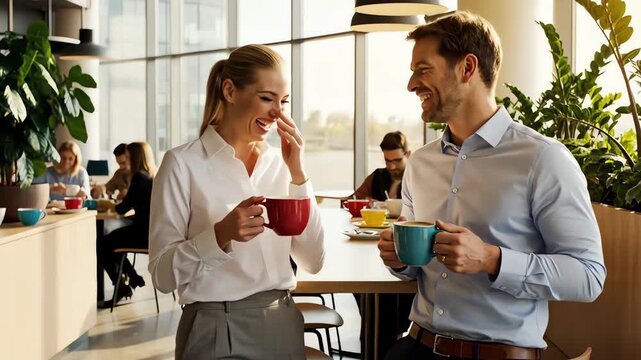 Colleagues Laughing with Colorful Coffee Mugs in Bright Office Cafeteria - Ai Genereted.