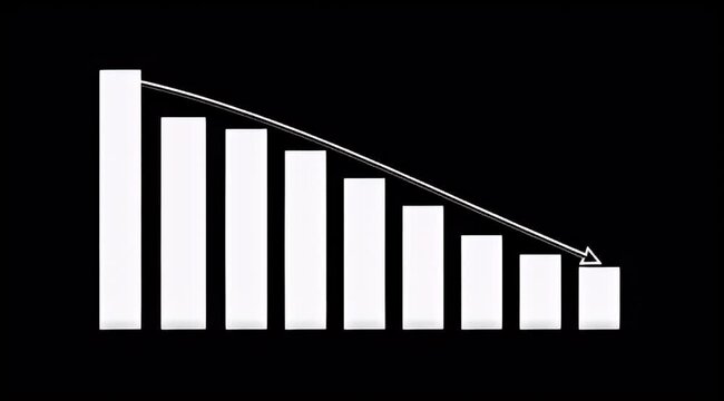 Downward trending bar graph with arrow on black background indicating loss