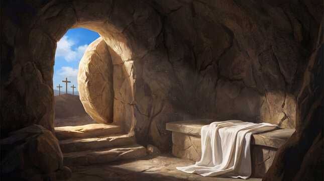 Empty tomb with rolled away stone and burial shroud, symbolizing resurrection and new life