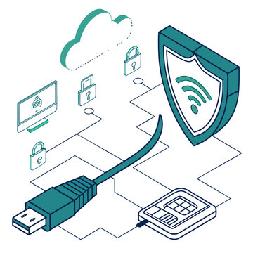 Network security and data protection: cloud, locks, shield with wifi, usb cable, sim card, flat design, data transfer, network diagram