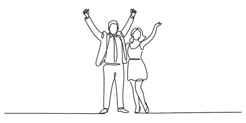 Obraz premium A man and a woman celebrating their success together in a continuous single line drawing style
