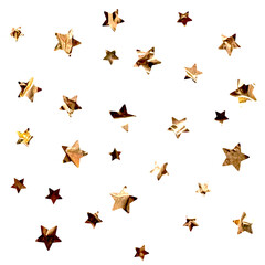 Scattered golden star confetti isolated on transparent background for festive design