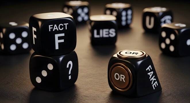 Black dice with fact or fake and truth or lie on them