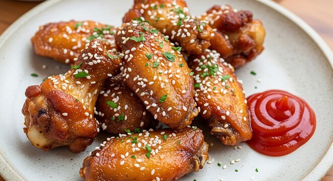 Delicious Chicken Wings with Sesame Seeds and Ketchup on Plate