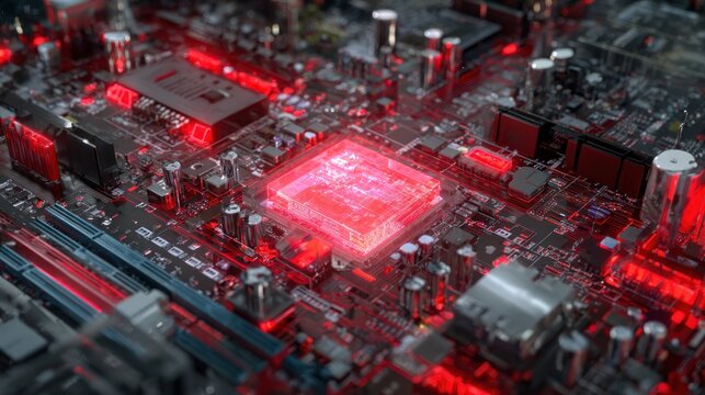 Close up of a computer motherboard with red illumination and detail
