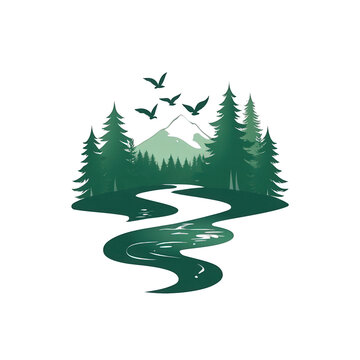 Illustration vectorielle d'un paysage de nature sauvage avec une rivi&egrave;re sinueuse, for&ecirc;t de sapins, montagne enneig&eacute;e et oiseaux migrateurs en vol.