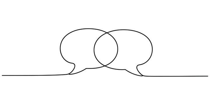 Continuous single line drawing of two overlapping speech bubbles representing dialogue and connection