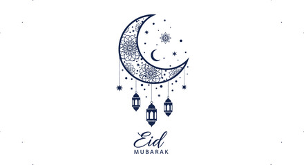 Fototapeta premium Elegant Islamic Eid Mubarak greeting with ornate crescent moon floral pattern hanging lanterns stars minimal line vector illustration