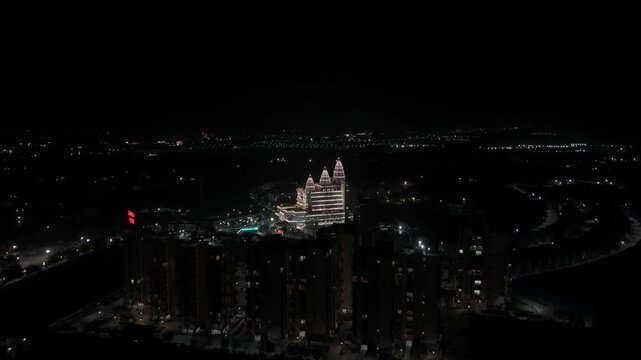 Night Drone Shot of Vrindavan Chandrodaya Temple Lit Hindu Temple Architecture