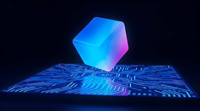 Abstract image of a glowing cube floating above a circuit board