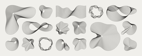 Fototapeta na wymiar Abstract geometric line art vector set with freeform blob and contour line elements. Minimal black and white decorative shapes with wavy curves, dots, circles, and modern abstract forms for posters.