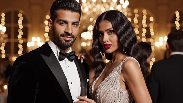 Glamorous couple in formal wear looking at the camera during a sophisticated celebration