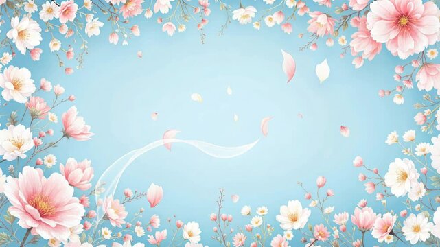 Elegant frame of blooming pink cherry blossoms with petals falling against a soft blue background