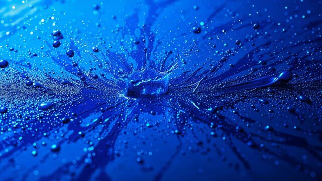Ultramarine blue liquid splashing and creating a crown shape on a wet surface in slow motion