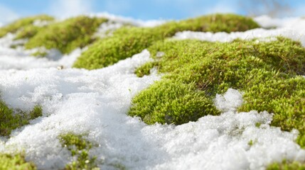 Obraz premium Green moss covered with melting snow. Seasonal transition from winter to spring. Close up of thawing ice on forest floor. Natural background showing climate change and nature revival.