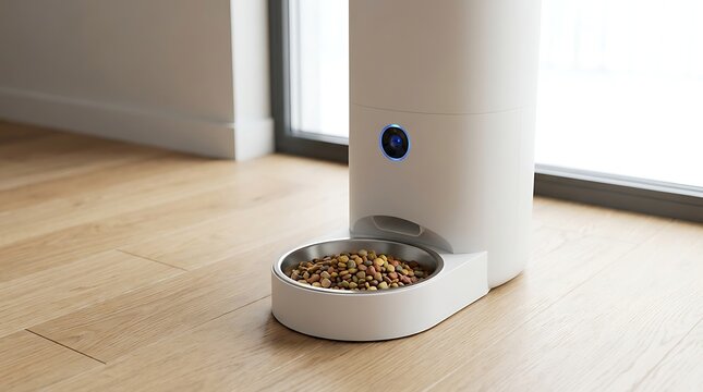 Modern white automatic pet feeder with integrated blue light camera dispenses colorful kibble food