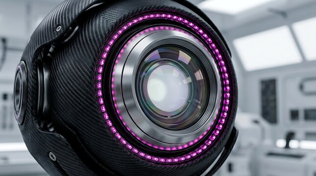 Modern spherical robotic camera with a durable carbon fiber shell and futuristic purple LED ring lighting.