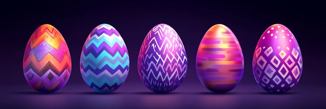 Five vibrant easter eggs with intricate patterns and colors purple pink blue orange colorful patterned