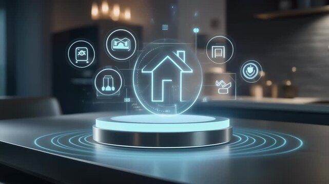 Modern robotic vacuum cleaner on sleek kitchen counter top. Smart home animation for tech, automation, and futuristic visuals. Digital appliance for modern lifestyle projects.