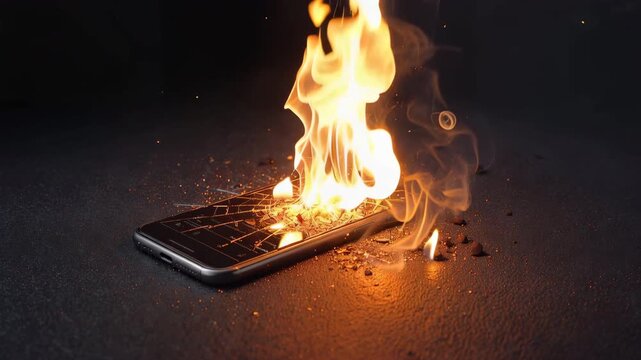 スマホから火山のように炎が噴き出すネット炎上のコンセプト写真