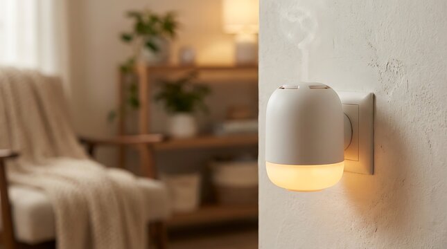 Plug in ultrasonic essential oil diffuser unit emitting soothing aromatherapy vapor near cozy living space