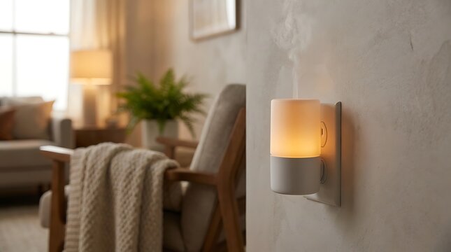 Illuminated plug-in essential oil diffuser gently releases relaxing fragrant mist into modern living space