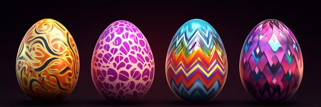 Five 3 d rendered easter eggs with vibrant patterns including swirling gold, pink leopard print, zigzag rainbow, and purple spikes
