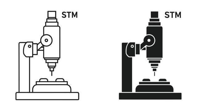 Scanning Tunneling Microscope (STM) Icon Set: Line Art and Solid Silhouette