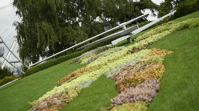 A large outdoor clock made of various colored flowers and plants on a green grass slope in Geneva, Switzerland. Large metal clock hands are visible over the floral patterns.