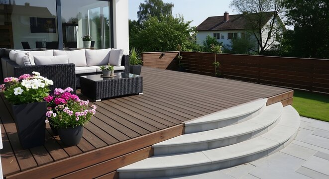 A modern backyard patio featuring tiered wooden decking, curved stone steps, and elegant wicker furniture under bright daylight