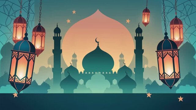 Elegant lanterns illuminating serene mosque at dusk with starry sky backdrop. Cultural animation for architecture, travel, and modern visuals. Digital mosque visual for creative projects.