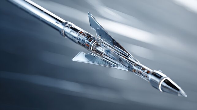 Close up of a silver spearhead against a blurred abstract background