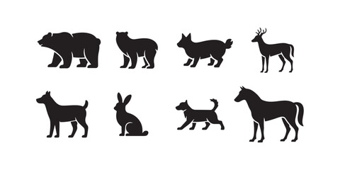 Obraz premium Wild animal vector set, bear, deer, dog, rabbit, horse silhouette isolated on white background