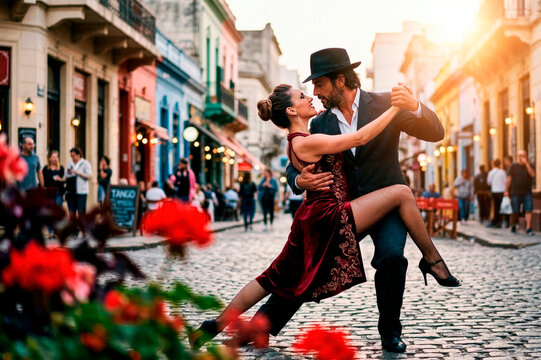 Couple dancing tango passionately on a cobblestone street