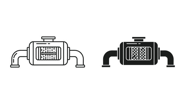 Car Muffler Icon Set, Exhaust System Component, Black and White Line Art Vector Illustration
