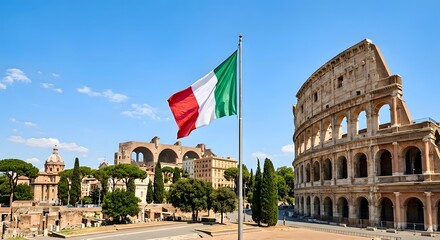Italian Flag Waving in Front of Colosseum Rome Independence Celebration
